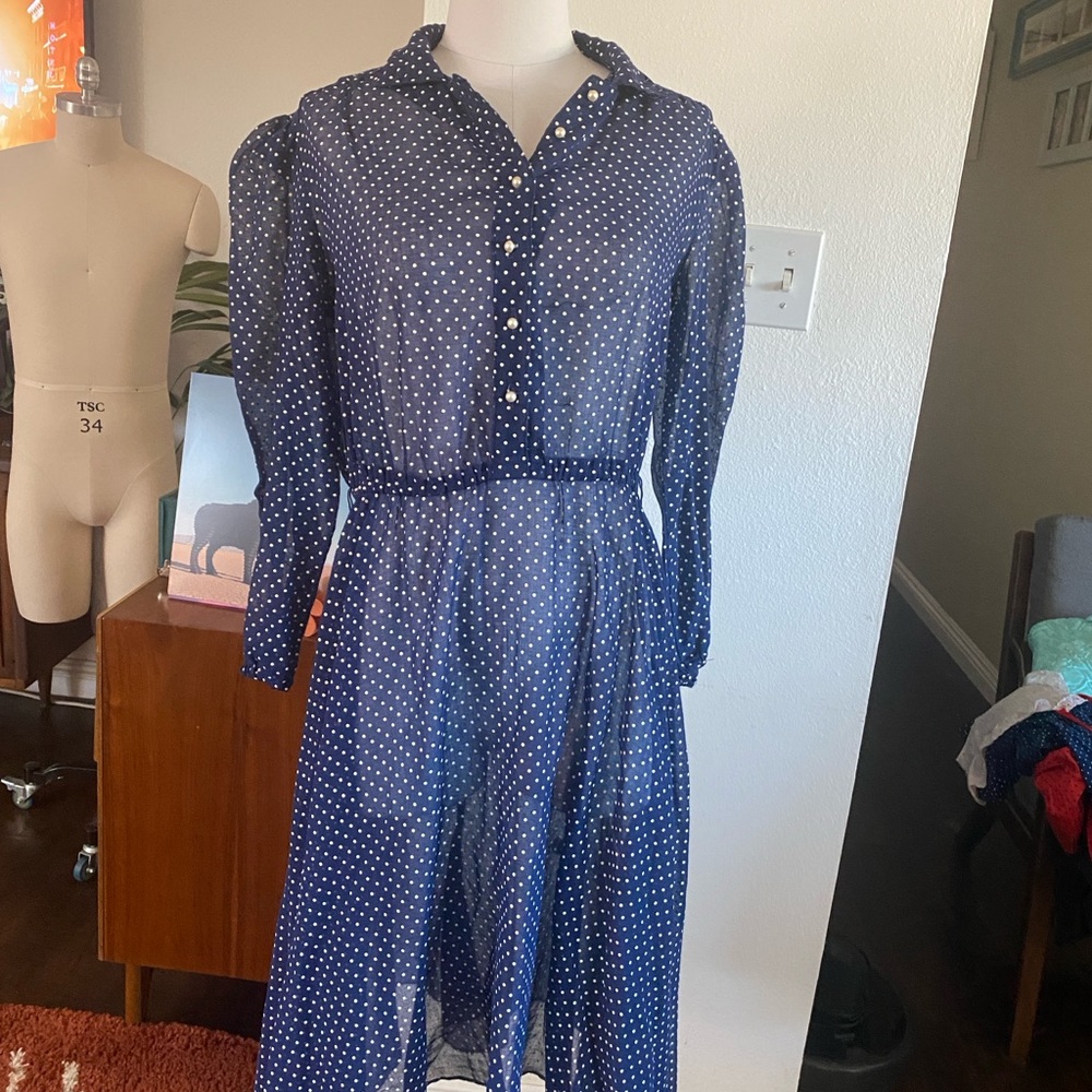 Vintage Navy Blue White Polka Dot Sheer Long Sleeve Shirt Dress Berg Ray Frocks